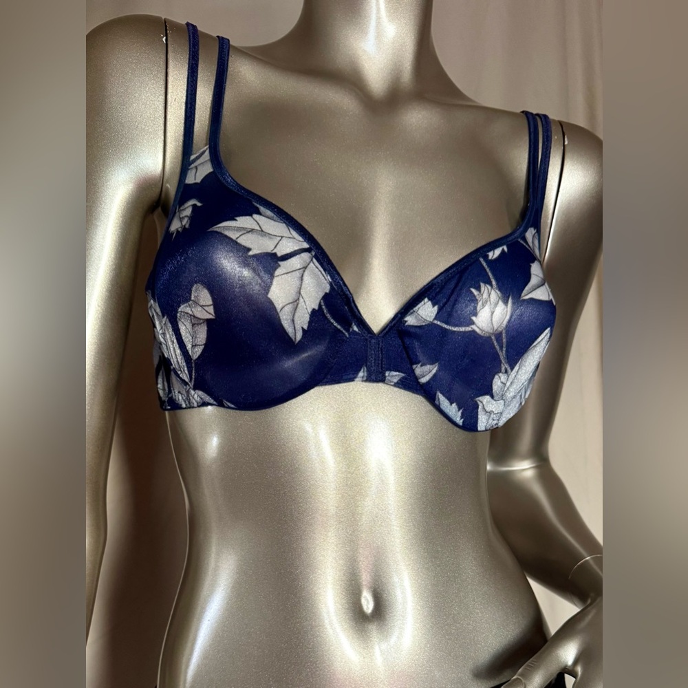 Victoria‘s Secret Sexy Nylon Unlined Bra 36B Navy Blue with Shimmering Florals